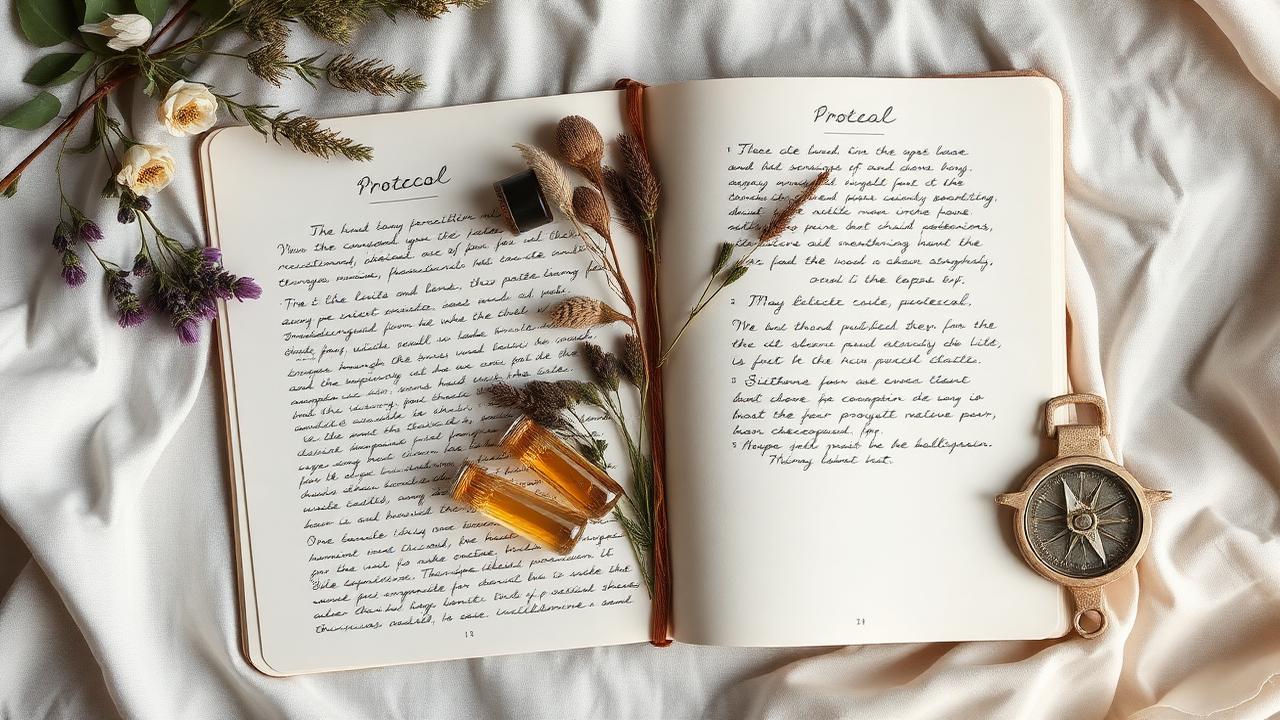 An open handwritten protocol journal with dried herbs, glass vials and a compass