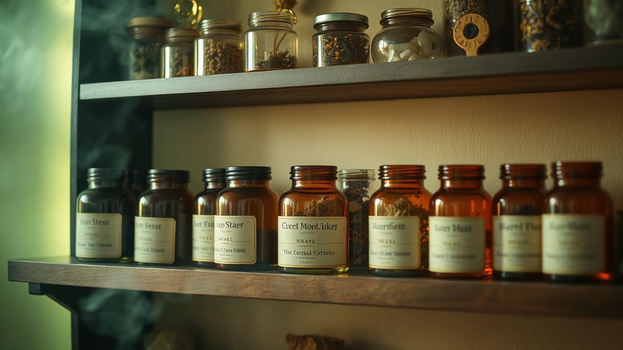 An apothecary shelf of labelled amber glass jars filled with dried herbs