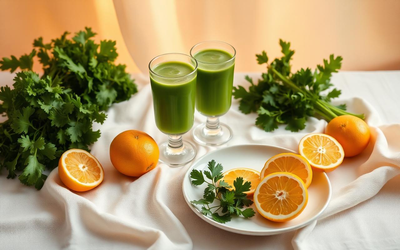 Glasses of fresh green juice with citrus and leafy greens at sunrise
