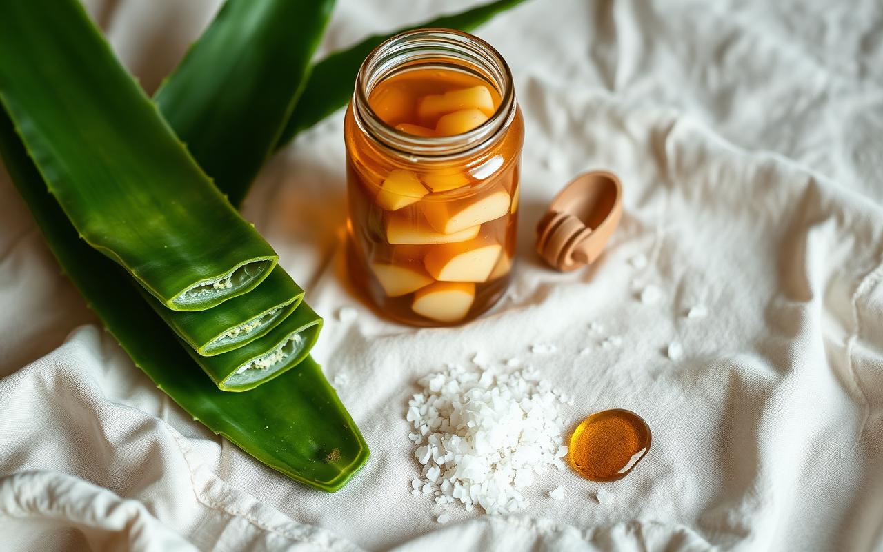 Sliced aloe vera leaves beside a jar of fermented culture, sea salt and honey