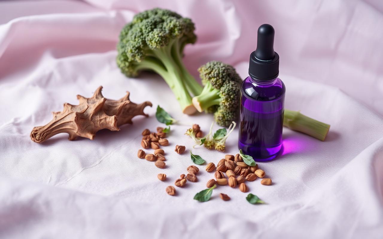 Ashwagandha root, broccoli sprouts and a violet dropper bottle on soft linen