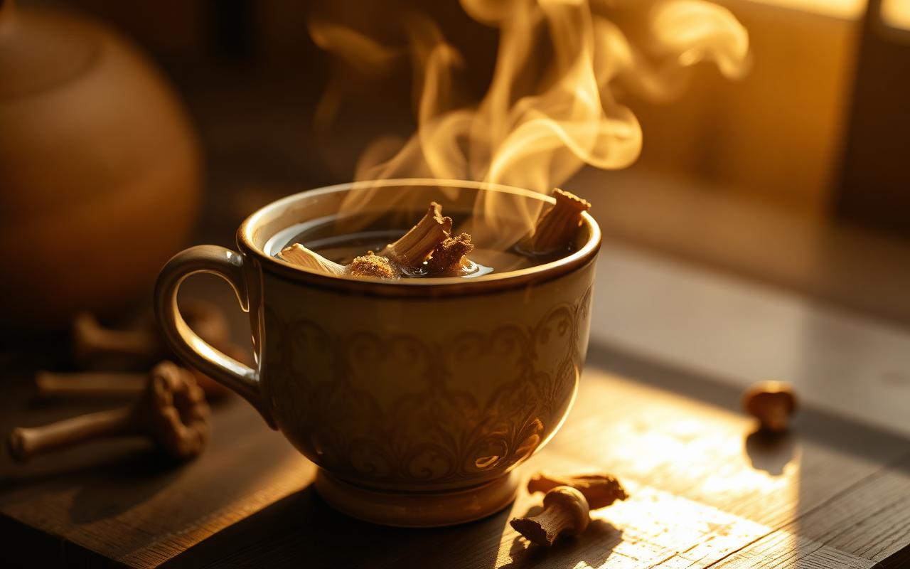 A steaming cup of herbal decoction with medicinal mushrooms in golden light