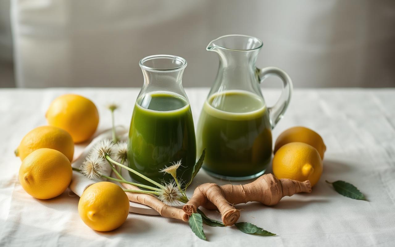Milk thistle, dandelion root, lemons and green juice in glass carafes on pale linen