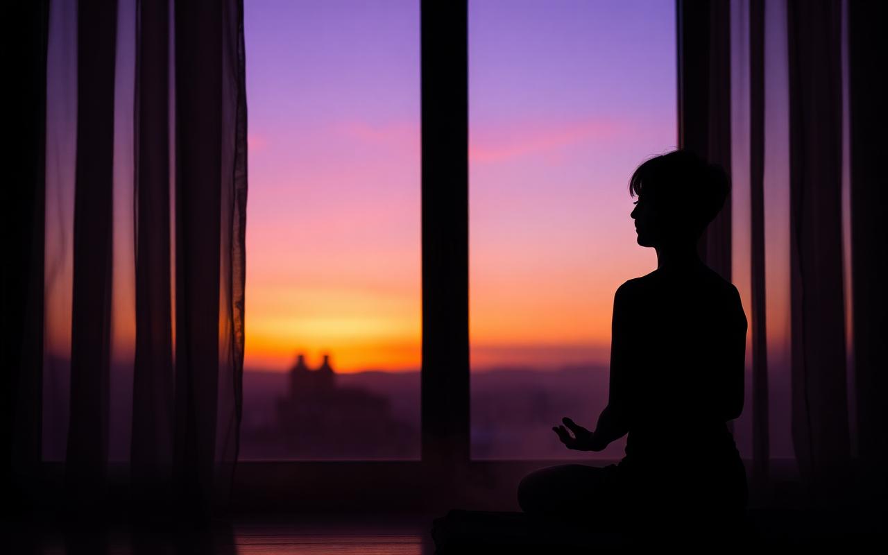 A person seated in silent meditation by a window at violet dawn