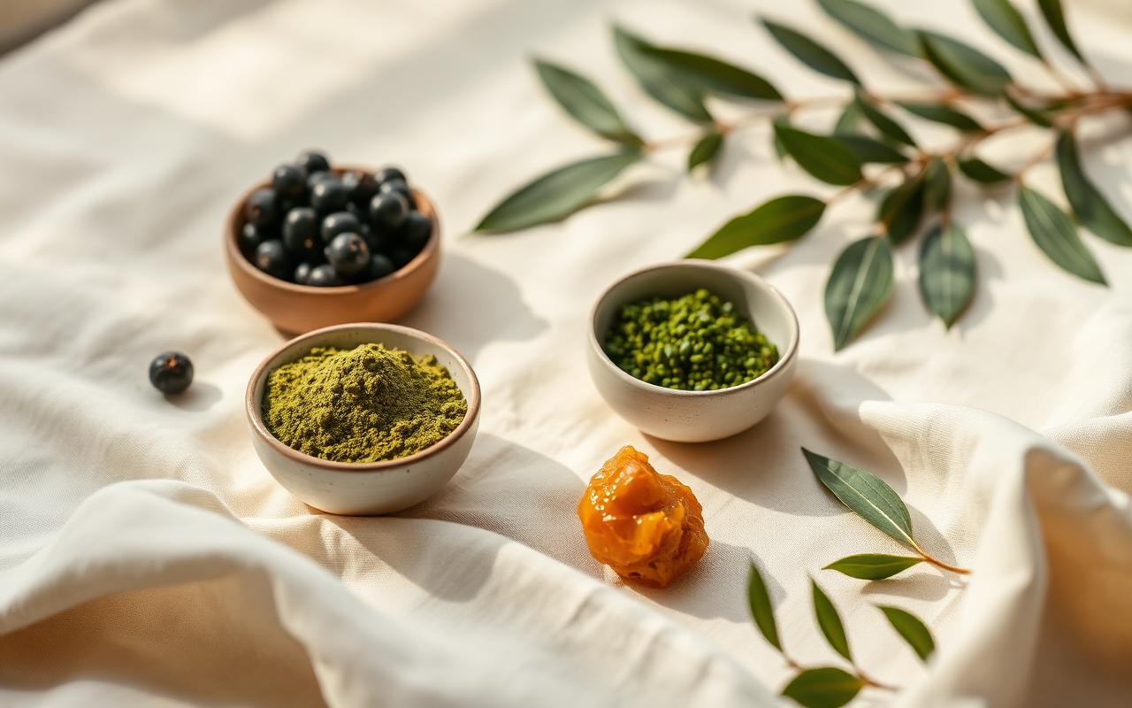 Bowls of camu camu berries, green powders and shilajit resin in morning light