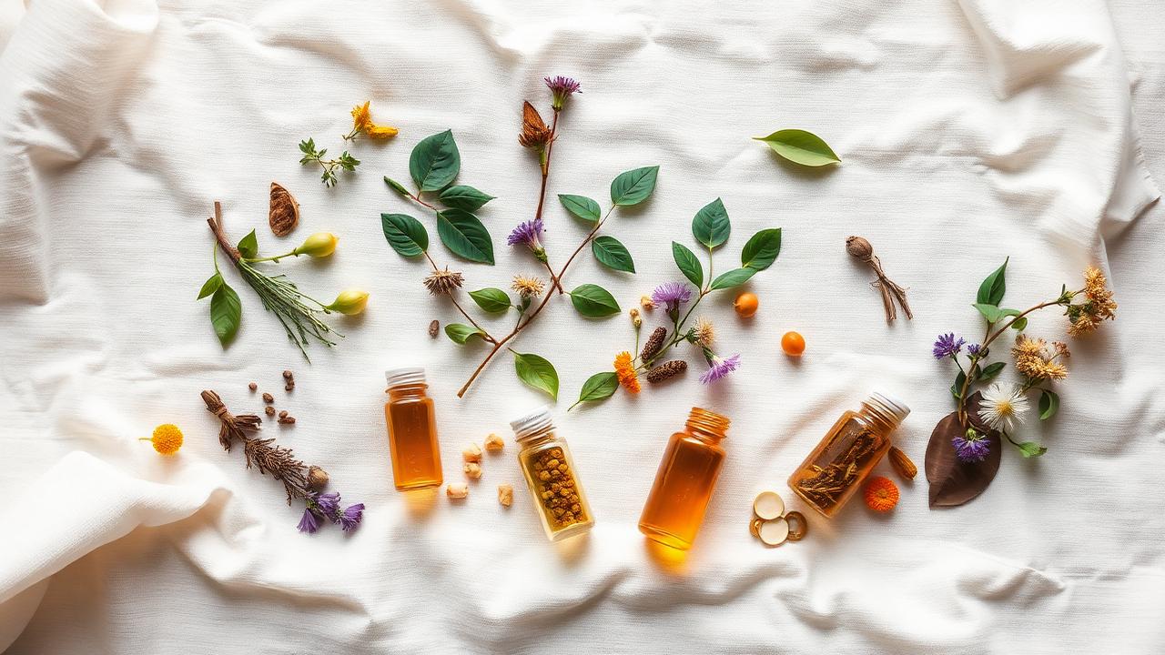 Herbs, flowers and small glass vials laid out across pale linen